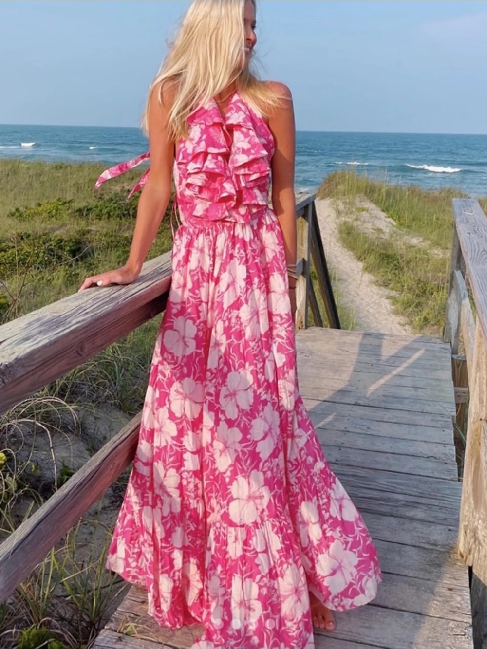 Loveshackfancy Pink Floral Ruffle Halter Maxi Dress